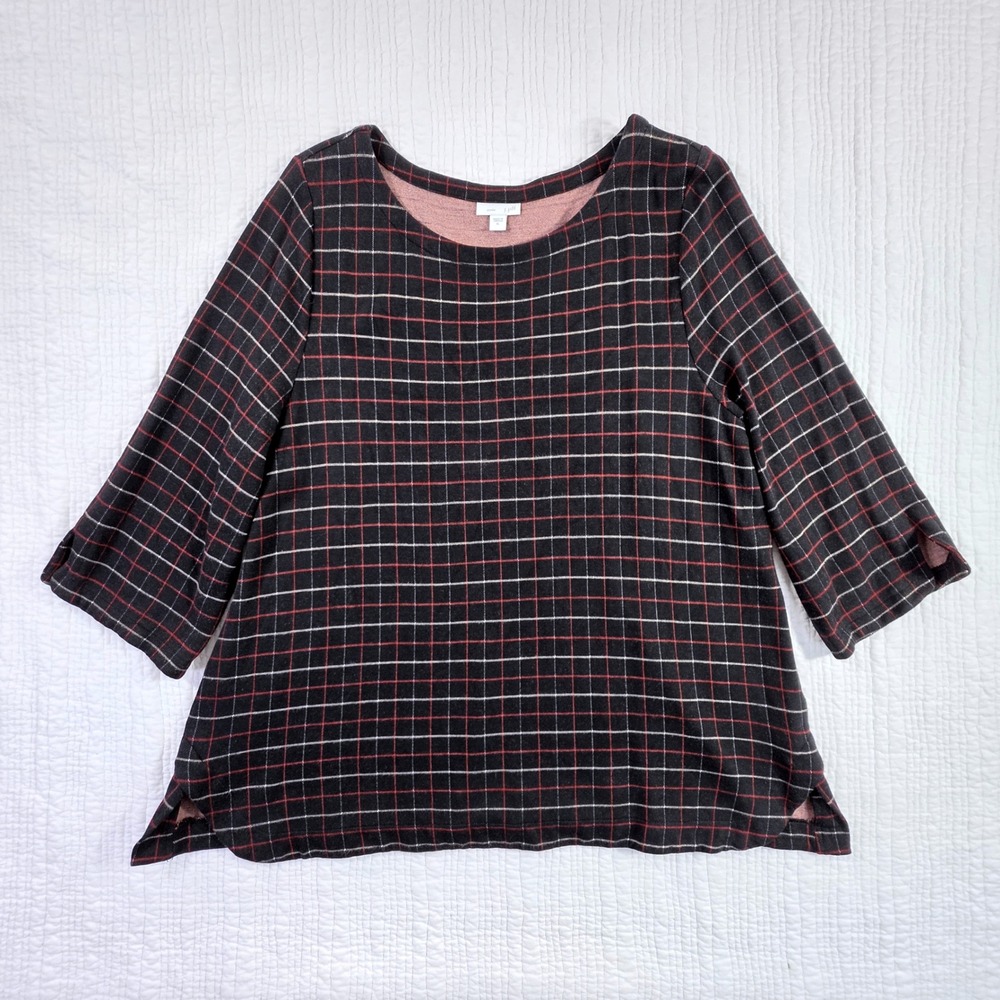 J. Jill Ponte Knit Top Women XL Black Red Grid EUC Three Quarter Sleeve